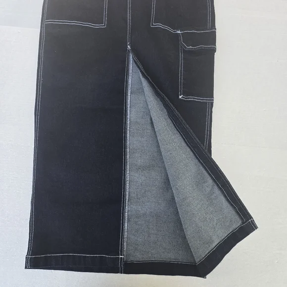 True Religion Black Denim Contrast Stitch Maxi Skirt | Cargo Pocket | Size 27 - Picture 8 of 14